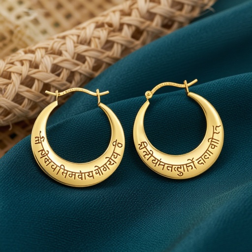 Серьги золотые в форме тонкого изящного полумесяца, полукруг как продолжение застежки, на полукруге надписи мантрами на санскрите