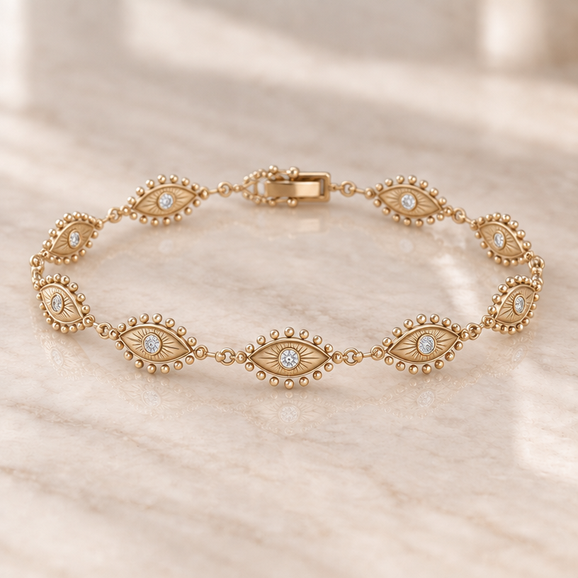 REDESIGN the eye motifs — do not simply make the current design smaller. I want each eye to resemble the vintage eye motifs in the reference image. Make each eye a solid, clearly defined almond-shaped gold medallion, not a thin hollow wire outline. Inside the almond, create a filled gold center with fine engraved straight lines radiating outward from the center like sun rays/sunshine, and place one small bright white diamond exactly in the center as the pupil. The decorative tiny round gold dots must form a separate halo OUTSIDE the solid almond-shaped contour, surrounding it like a delicate sunburst border. The dots must NOT sit on the contour and must NOT create the contour of the eye. Make the eyes slightly wider and more substantial than the current version, but keep the entire bracelet refined and elegant. Use fewer, more defined eye motifs rather than many tiny repetitive ones. Connect the eyes very closely with tiny discreet gold links. Use a muted pale champagne 18k gold, significantly less yellow/orange than the current gold. The final result should look like luxury vintage fine jewelry: structured, intricate and expensive, NOT a dainty charm chain, NOT hollow eyes, and NOT a beaded outline.
REDESIGN the eye motifs — do not simply make the current design smaller. I want each eye to resemble the vintage eye motifs in the reference image. Make each eye a solid, clearly defined almond-shaped gold medallion, not a thin hollow wire outline. Inside the almond, create a filled gold center with fine engraved straight lines radiating outward from the center like sun rays/sunshine, and place one small bright white diamond exactly in the center as the pupil. The decorative tiny round gold dots must form a separate halo OUTSIDE the solid almond-shaped contour, surrounding it like a delicate sunburst border. The dots must NOT sit on the contour and must NOT create the contour of the eye. Make the eyes slightly wider and more substantial than the current version, but keep the entire bracelet refined and elegant. Use fewer, more defined eye motifs rather than many tiny repetitive ones. Connect the eyes very closely with tiny discreet gold links. Use a muted pale champagne 18k gold, significantly less yellow/orange than the current gold. The final result should look like luxury vintage fine jewelry: structured, intricate and expensive, NOT a dainty charm chain, NOT hollow eyes, and NOT a beaded outline.