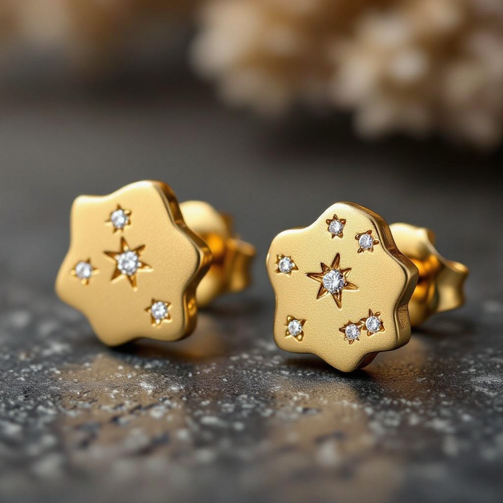 Небольшие золотые матовые серьги в виде созвездия сириус