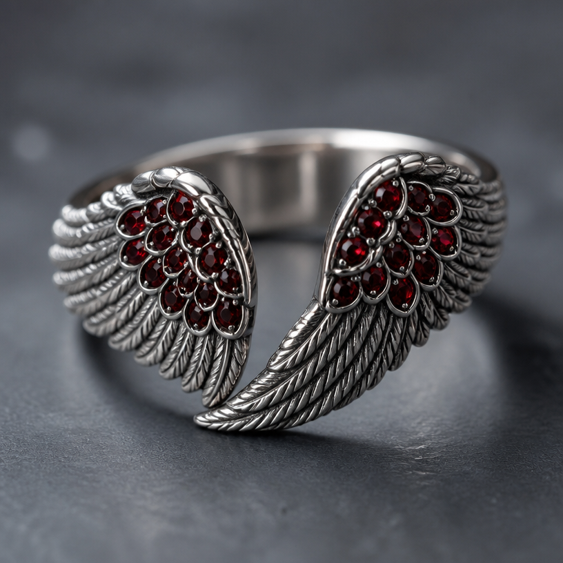A contemporary women's ring with garnet stones. angel feathers stainless steel
using the attached image as a visual reference, create A contemporary women's ring with garnet stones. angel feathers stainless steel. photorealistic, just the design no text