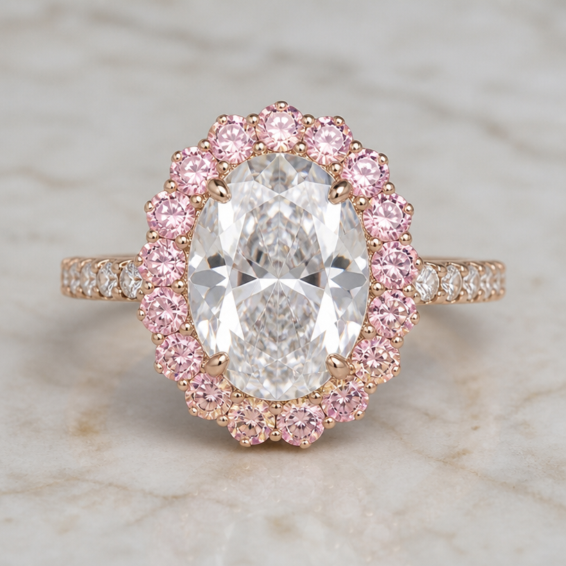 A women's ring. 10 ct oval main stone instead of 6 ct in picture, def color
sakura pink round stones all around
using the attached image as a visual reference, create A women's ring. 10 ct oval main stone instead of 6 ct in picture, def color
sakura pink round stones all around. photorealistic, just the design no text