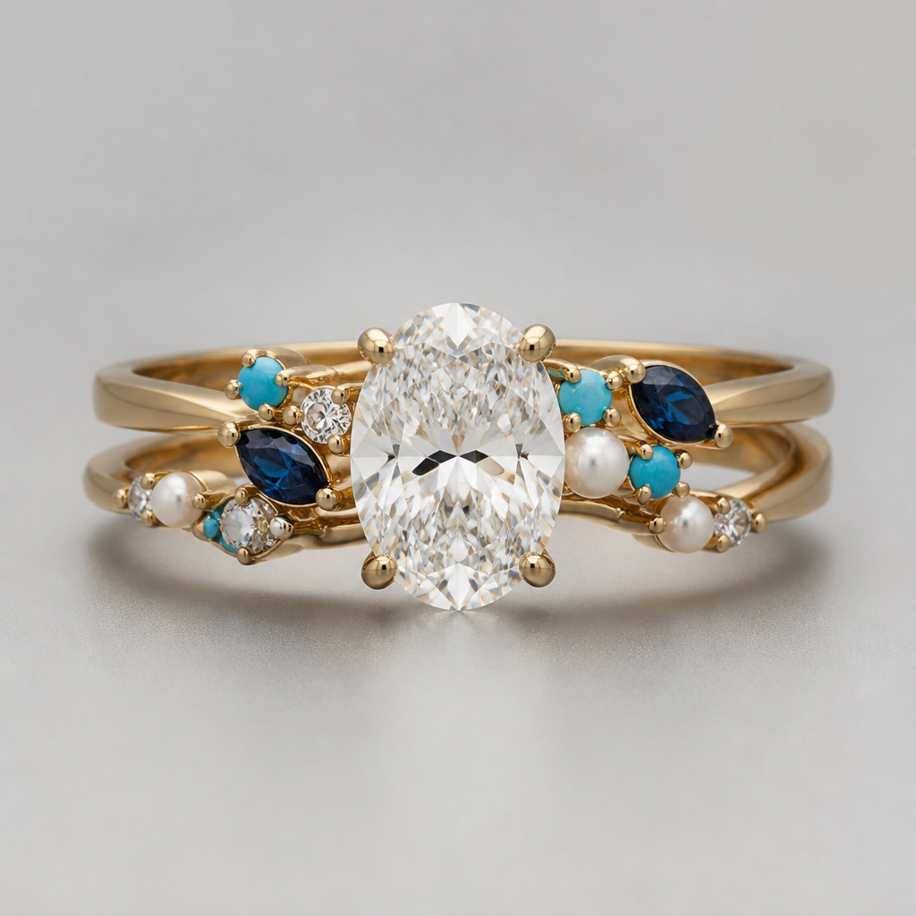 A women's ring with diamond and sapphire and pearl and turquoise stones. Hello, I am interested in a wedding ring with a 1.5 carat natural oval diamond. I would like to produce something according to my preference, is this possible?
photorealistic jewelry design, A women's ring with diamond and sapphire and pearl and turquoise stones. Hello, I am interested in a wedding ring with a 1.5 carat natural oval diamond. I would like to produce something according to my preference, is this possible?, modern style, just the design no text