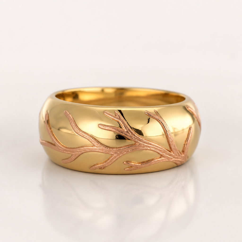 A women's ring. aliança de ouro abaulada com raizes em ouro vermelho escovado
photorealistic jewelry design, A women's ring. aliança de ouro abaulada com raizes em ouro vermelho escovado, modern style, just the design no text