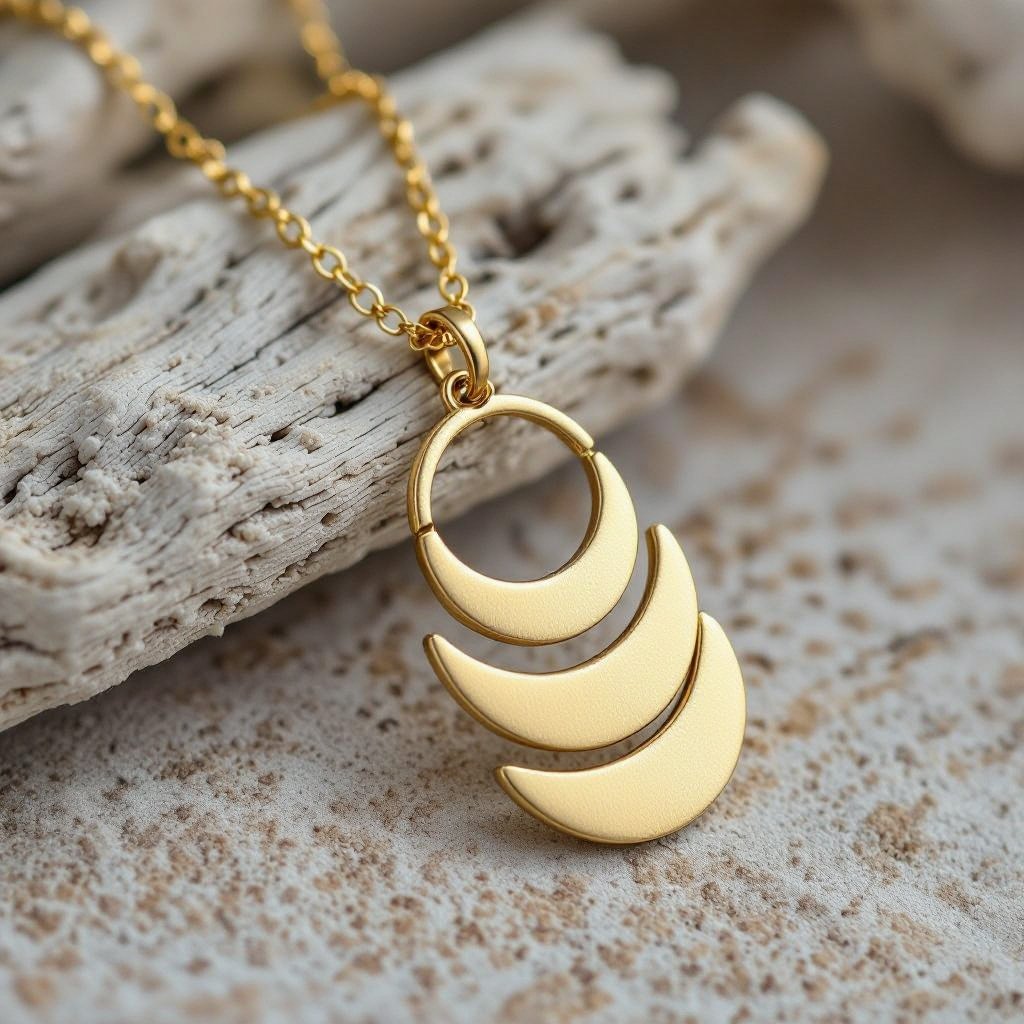 Подвеска из трех полумесяцев из матового неровного светлого золота с узорами соединенных цепочкой сверху самый широкий полукруг дальше средний и снизу самый маленький