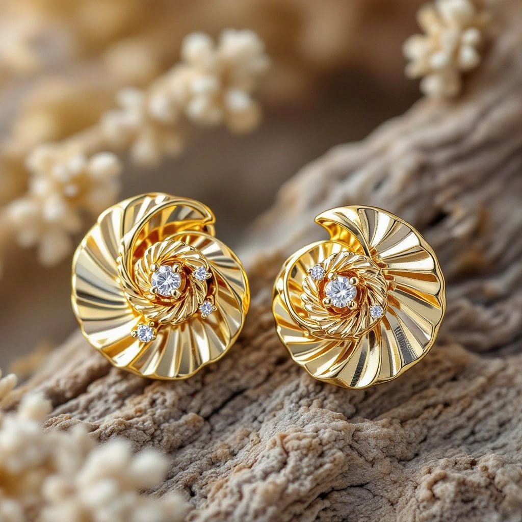 Золотые серьги в виде золотой спиральной ракушки украшенной тремя маленькими камнями 