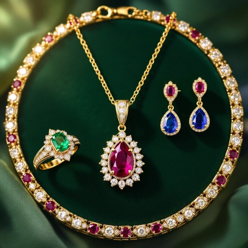 Necklace and ring and earring with luxury colorful jewel with gold
