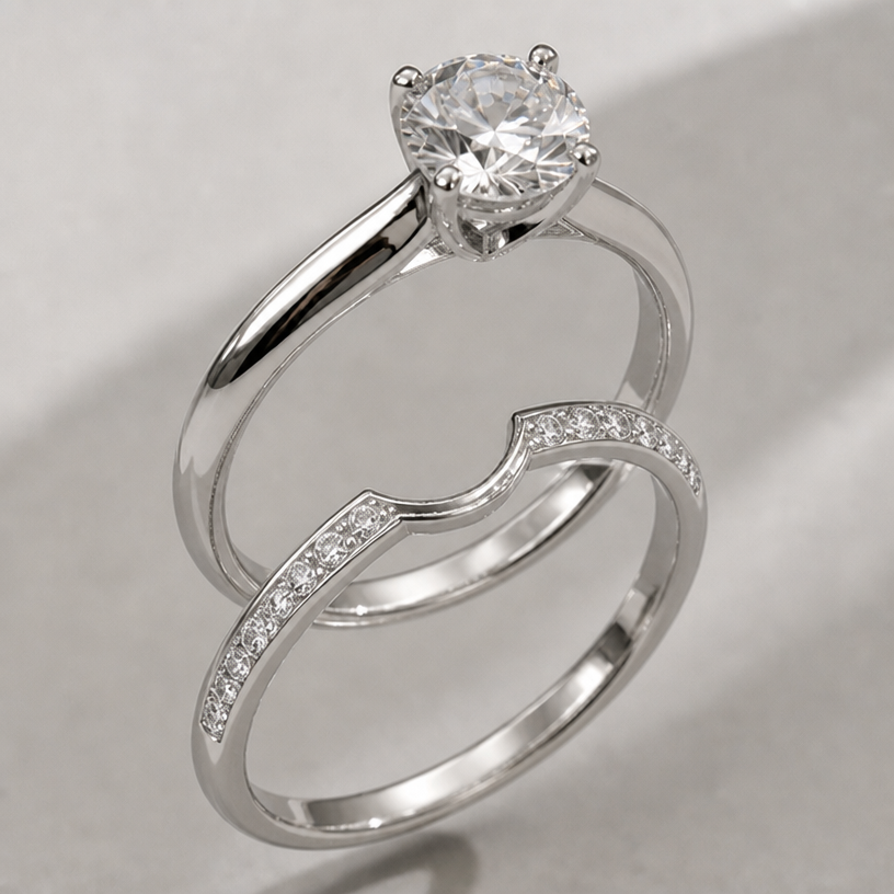 Swiss set diamonds on the wedding band
edit the attached jewelry design with these instructions: Swiss set diamonds on the wedding band. keep it photorealistic, just the design no text
