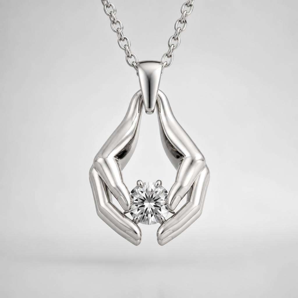 . Refinement: Make the hands more clearly defined as they hold the diamond.
photorealistic jewelry design, . Refinement: Make the hands more clearly defined as they hold the diamond., Minimalist style, just the design no text