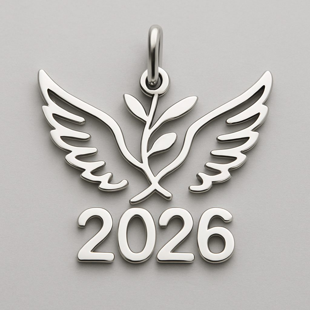 Silver cut-out charm blending together only the two spread out wings of a bird, an olive branch and  along year 2026
