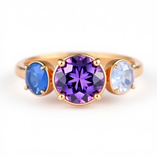 A simple, three stone 18 karat rose gold engagement ring set with a circular purple alexandrite. Also set with a small half moon cut blue chalcedony on one side right next to it, and a small half moon cut moonstone set on the other side right next to it. On the inside of the band, it has an inscription reading, “Tuum. Et in hac vita et in altera.”