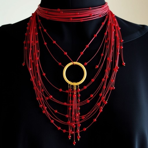 Long tie necklace consisting several long strings many from small size glass red beads going around neck and in front entering the golden ring and hanging out. 