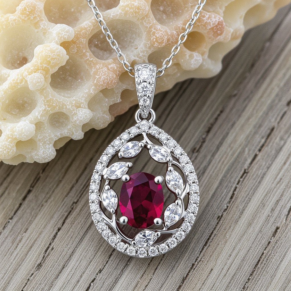 7x5mm oval pigeon blood ruby with 8 marquis cut diamonds each .08ct set in white gold pendant 