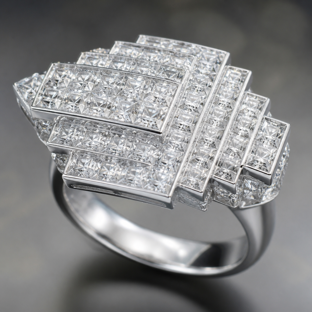 A women's ring made of white gold with diamond stones. use many dimond like and use invisible setting