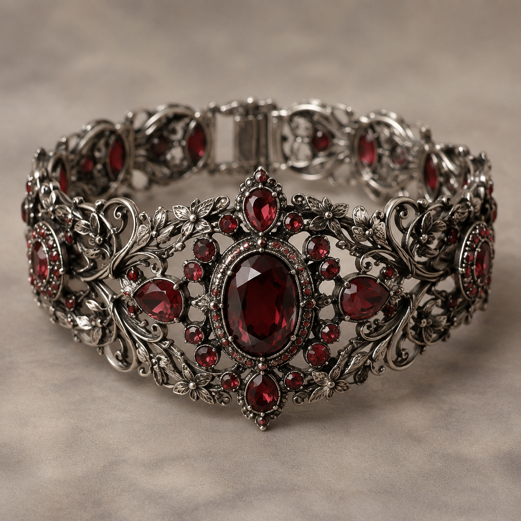 A fantasy women's bracelet made of silver with garnet and ruby stones. victorian
photorealistic jewelry design, A fantasy women's bracelet made of silver with garnet and ruby stones. victorian, fantasy style, just the design no text