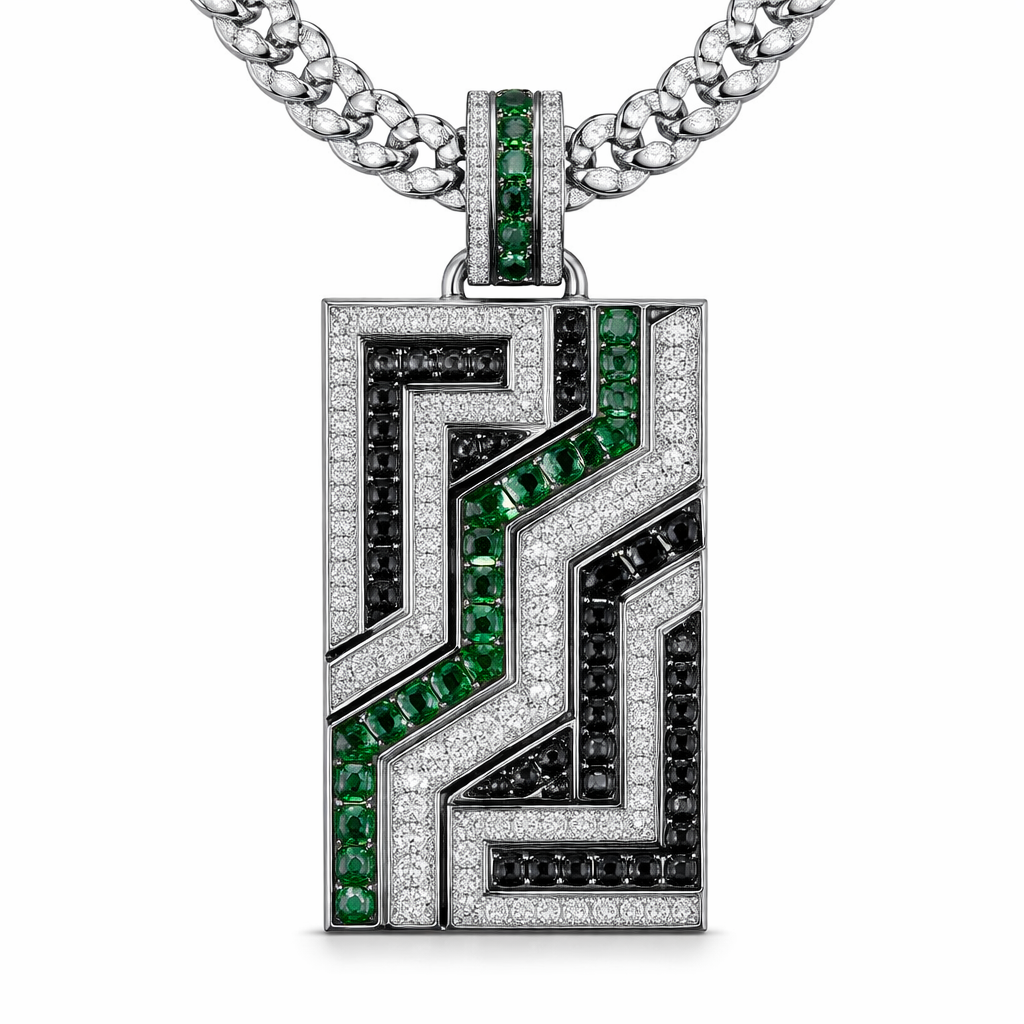 Geomatric angles pendant and chainfor men of rectangular and sqaure shape of white and blcak diamonds and green of unique design and special shape