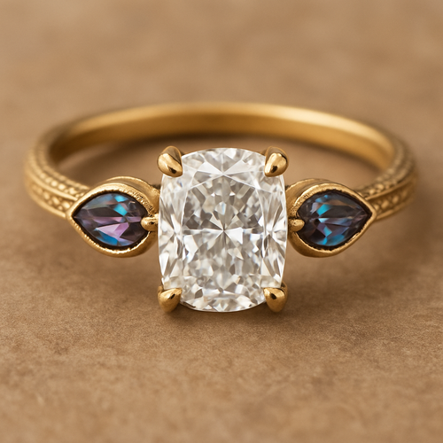 2 carat elongated cushion cut diamond engagement ring with double claw prongs in yellow gold ring with marquise shaped alexandrite side stones 