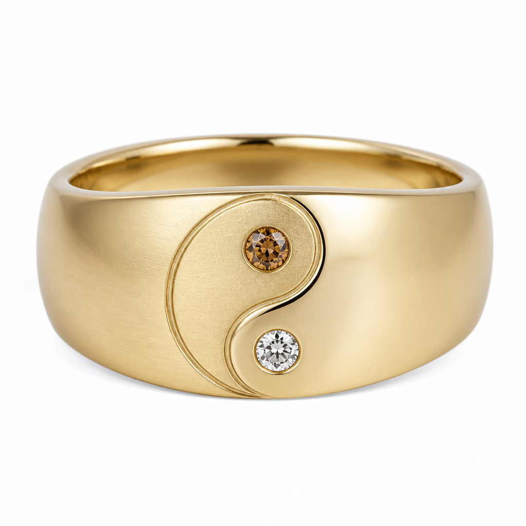 A women's ring. A gold band with a yin and yang design engraved on it, with one small cognac diamond and one white diamond set in the design.
photorealistic jewelry design, A women's ring. A gold band with a yin and yang design engraved on it, with one small cognac diamond and one white diamond set in the design., modern style, just the design no text