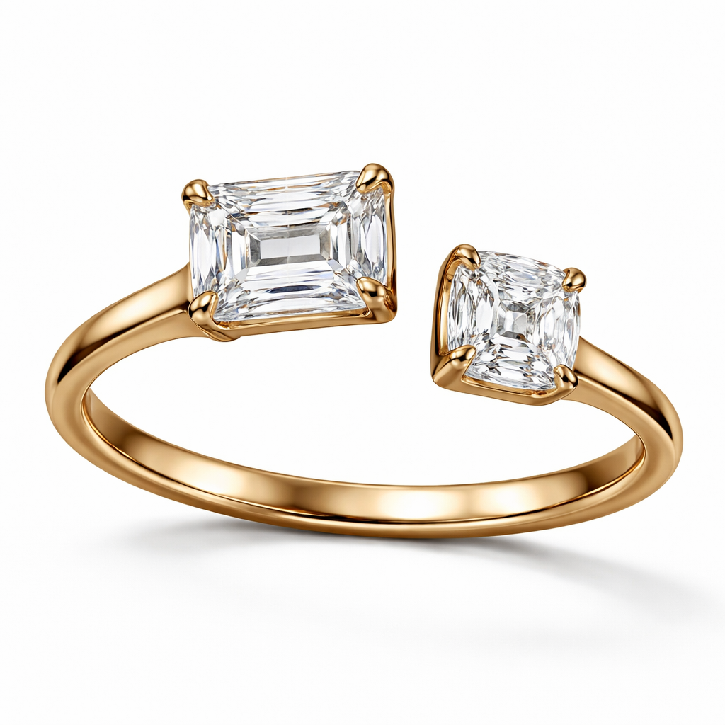 A bespoke, architectural two-stone diamond ring with real negative space. The ring features a dominant 2.30 carat cut-cornered rectangular modified brilliant diamond (approximately 8.33 x 6.75 mm) and a smaller 1.40 carat cushion modified brilliant diamond (approximately 6.33 x 6.10 mm). The size difference is clearly visible and proportional. The stones are asymmetrical, independently set, and separated by a small but deliberate gap of negative space. They do not touch and do not share a setting. The shank is slim (about 1.8–2.0 mm) but sculpted and load-bearing, with subtle asymmetry. Medium profile height. Warm precious metal. Minimal, modern, engineered aesthetic. No pavé, no vintage, no romantic styling. Emphasis on structural realism and physical credibility.