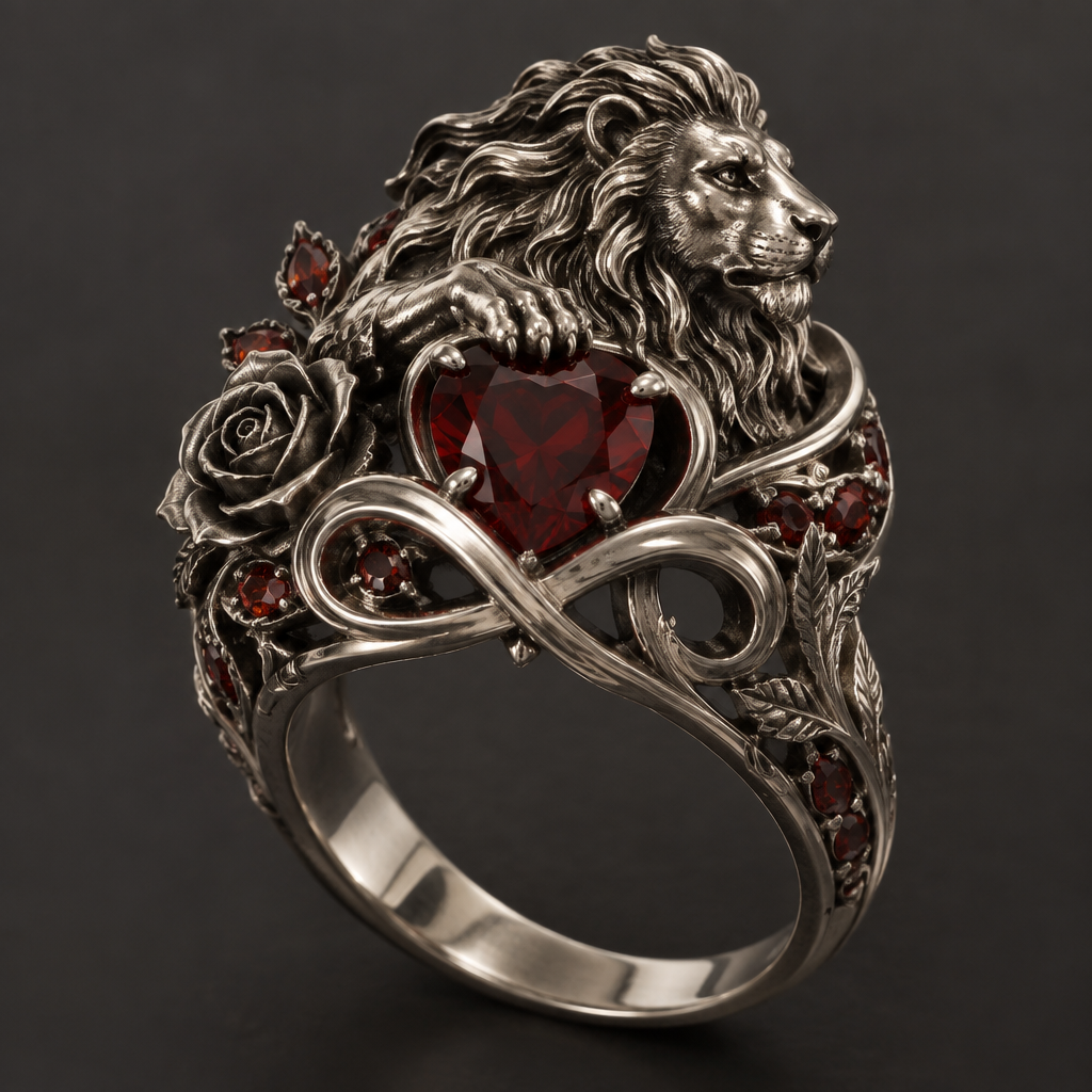 A sculptural women's ring made of silver with garnet stones, detailed and decorative, moderately ornate. الخاتم الذي يجمع الحب و الغموض و الأسد و l'infini و عدم الاستسلام
photorealistic jewelry design, A sculptural women's ring made of silver with garnet stones, detailed and decorative, moderately ornate. الخاتم الذي يجمع الحب و الغموض و الأسد و l'infini و عدم الاستسلام, sculptural style, just the design no text