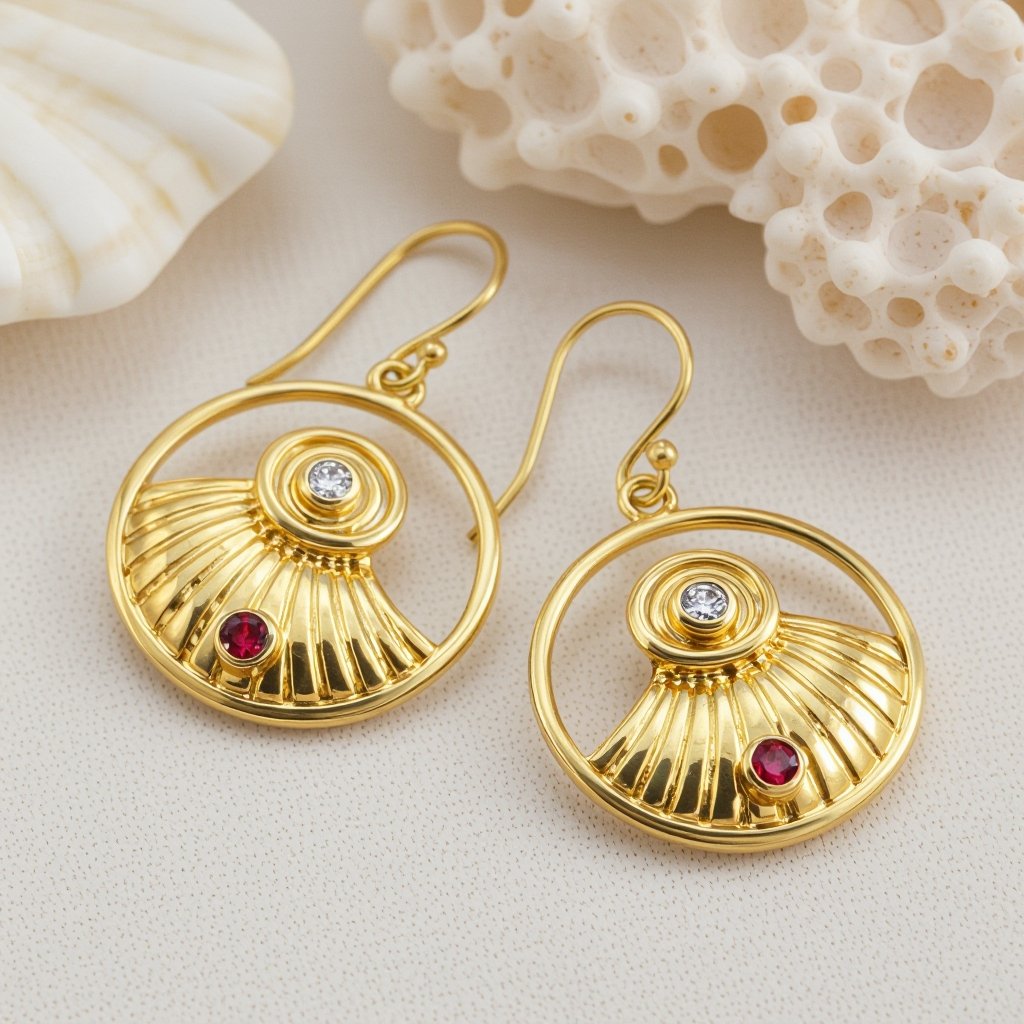 Золотые серьги в виде спиральной ракушки украшенной тремя маленькими камнями 