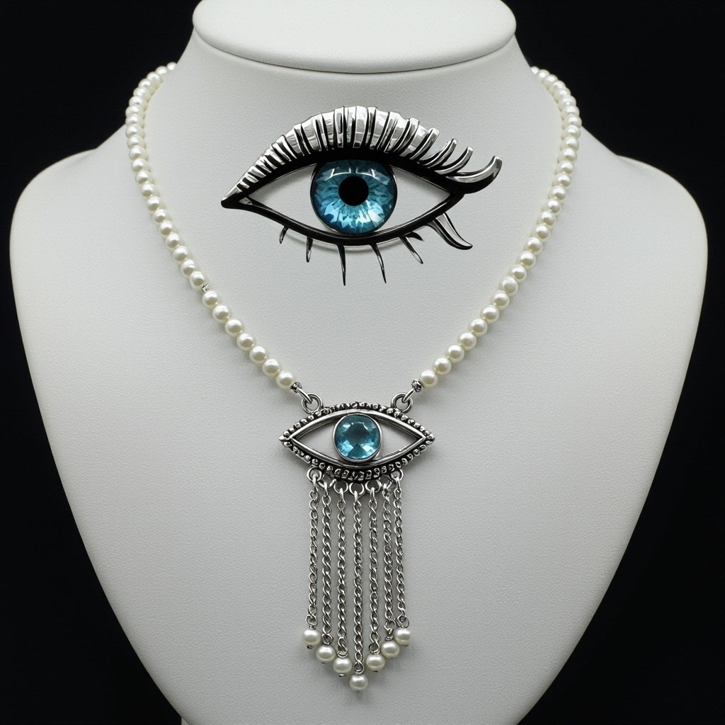 Тонкая цепочка с серебряными шариками и мелкими жемчужными камушками на цепочке есть кулон в форме глаза, зрачок глаза из аквамарина от глаза идет маленькая подвеска с серебряными цепочками разной длины