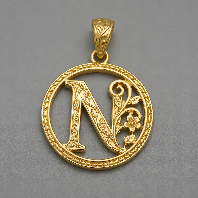 A luxury women's pendant made of gold, detailed and decorative, moderately ornate. dije de 3 gramos con inicial N
using the attached image as a visual reference, create A luxury women's pendant made of gold, detailed and decorative, moderately ornate. dije de 3 gramos con inicial N. photorealistic, just the design no text