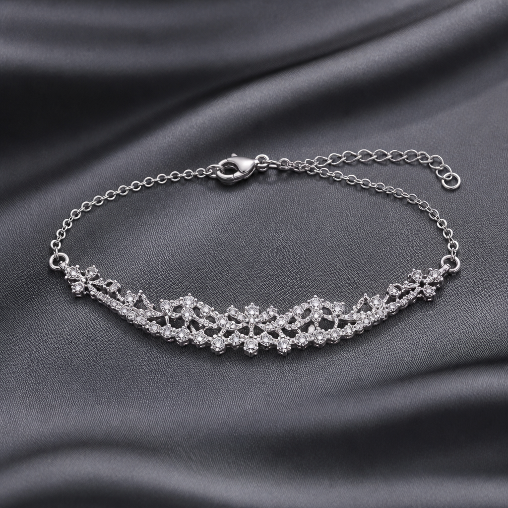 A women's bracelet made of silver with diamond stones. bracelet qui rappel la dentelle metal fin avec chaine
photorealistic jewelry design, A women's bracelet made of silver with diamond stones. bracelet qui rappel la dentelle metal fin avec chaine, modern style, just the design no text