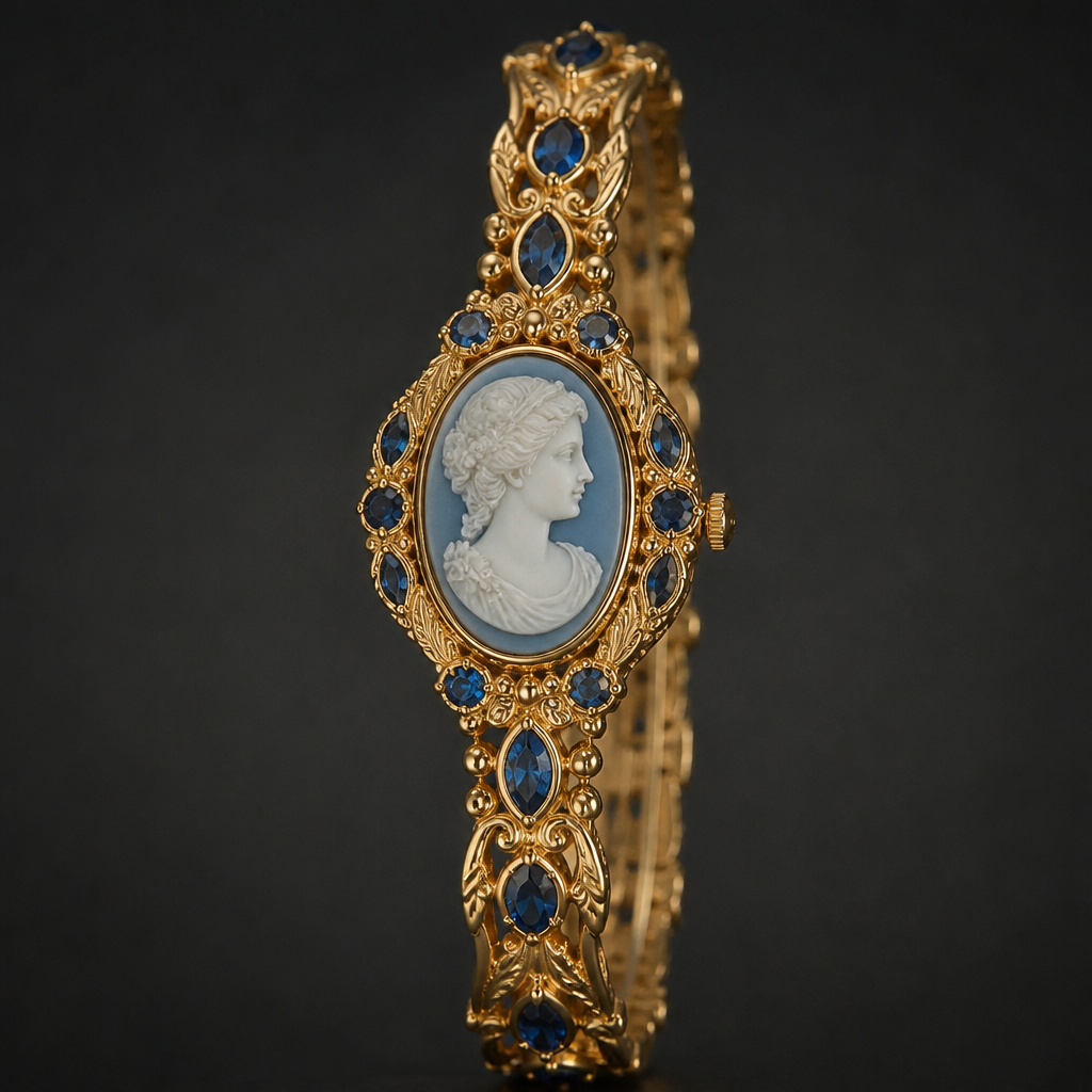 A cameo women's watch made of gold with sapphire stones suitable for formal, highly ornate, intricate and elaborate, richly detailed. delicado y sencillo
photorealistic jewelry design, A cameo women's watch made of gold with sapphire stones suitable for formal, highly ornate, intricate and elaborate, richly detailed. delicado y sencillo, cameo style, just the design no text