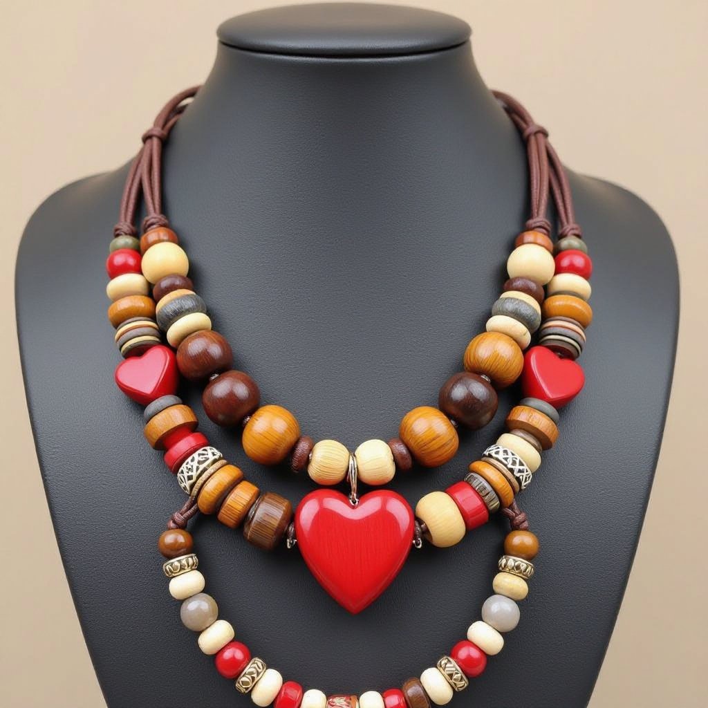 Necklace cute, intricate design, wood pearls and leather lace, with red hearts pearls and brown, beige and grey pearls