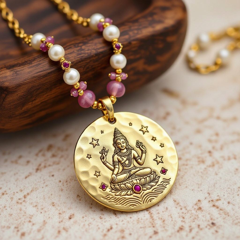 Кулон на длинной цепочке. Матовое светлое золото. В цепочке небольшие золотые шарики и розовые камушки и жемчуга. Кулон в форме неровного мятого круга. На круге изображен бог шива. Круг украшен лотосами звездами волнами узорами