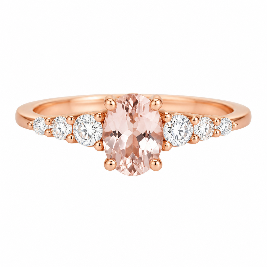 Design a ring in rose gold with a 6x4mm oval pink Morganite and 8 x 3mm/0.10cts Round diamonds around the centre stone.
photorealistic jewelry design, just the design, no text, Rose gold ring with a 6x4mm oval pink Morganite in a prong setting, accented by 8 x 3mm/0.10cts Round diamonds.