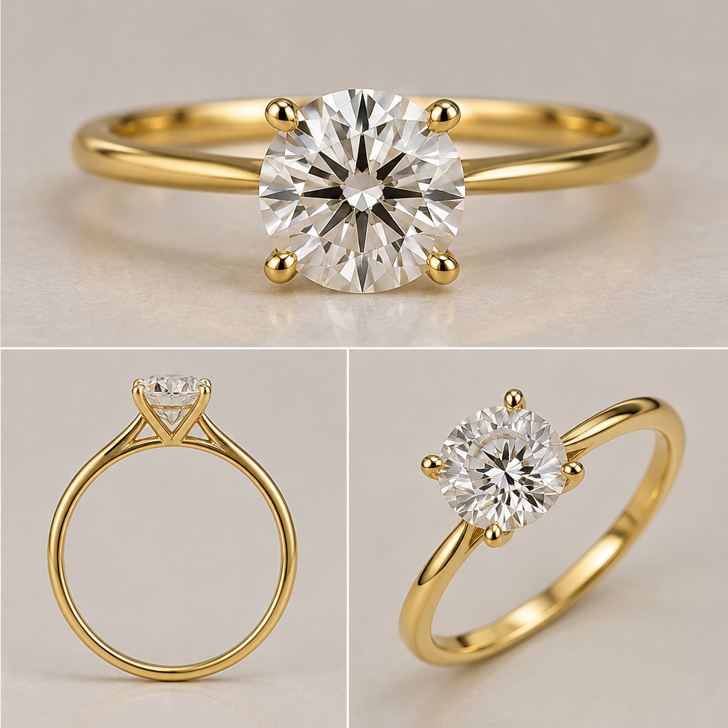 A women's ring. एक सुंदर 18 कैरेट पीले सोने की सॉलिटेयर अंगूठी, बीच में एक गोल 1 कैरेट डायमंड, चार प्रोंग सेटिंग, पतली और मजबूत रिंग बैंड, क्लासिक और एलिगेंट डिजाइन, ऊपर और साइड से स्पष्ट दृश्य।
photorealistic jewelry design, A women's ring. एक सुंदर 18 कैरेट पीले सोने की सॉलिटेयर अंगूठी, बीच में एक गोल 1 कैरेट डायमंड, चार प्रोंग सेटिंग, पतली और मजबूत रिंग बैंड, क्लासिक और एलिगेंट डिजाइन, ऊपर और साइड से स्पष्ट दृश्य।, modern style, just the design no text