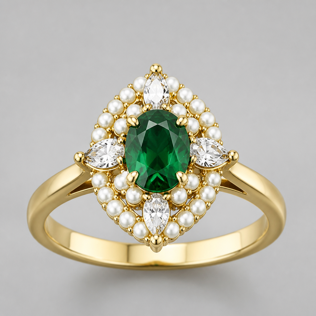 A women's ring. to this pendant add small pearl around the gemstones
photorealistic jewelry design, A women's ring. to this pendant add small pearl around the gemstones, modern style, just the design no text