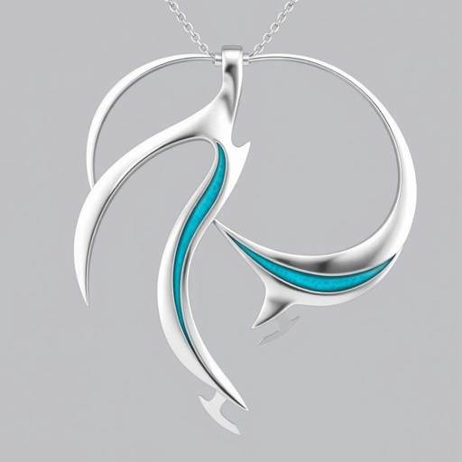 Silver neckless of stylized ice skating’s blades with a stripe of turquoise inside the blades