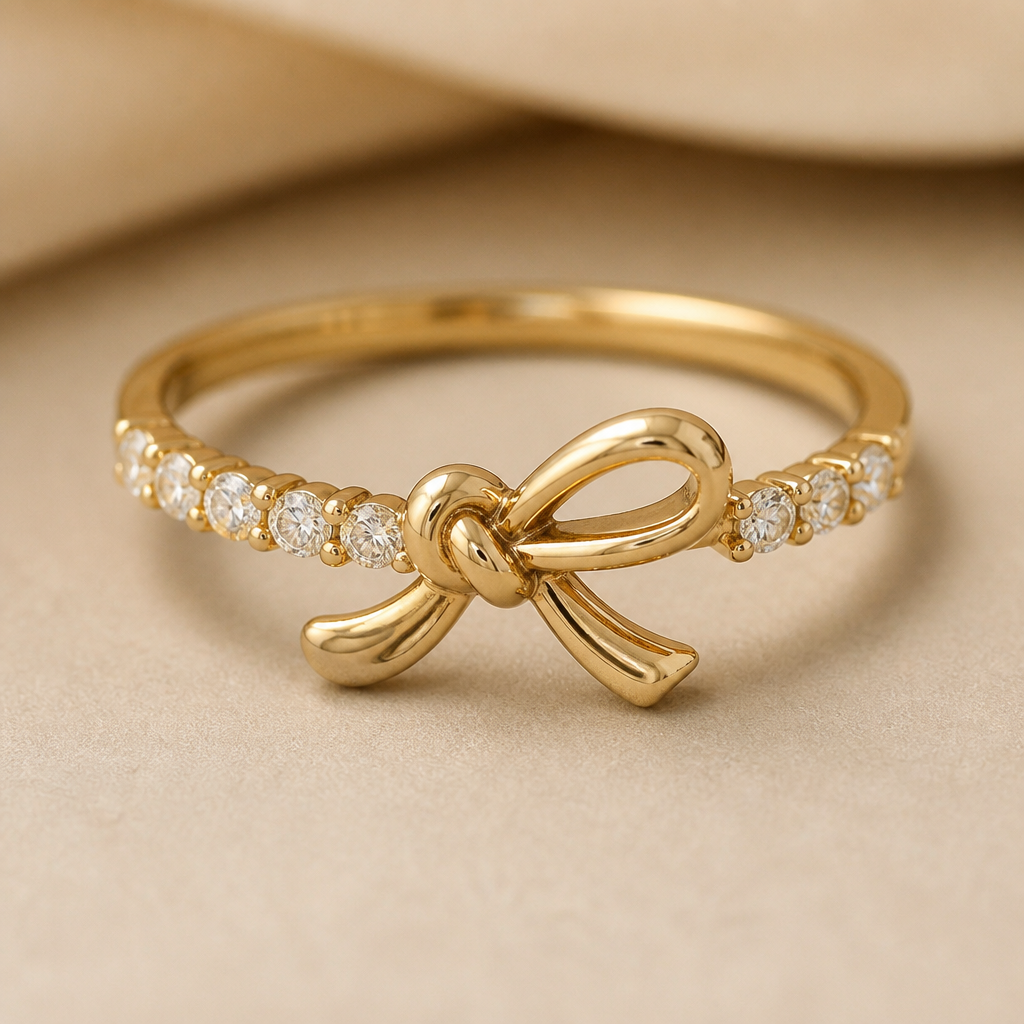 A minimalist women's ring made of gold with diamond stones suitable for gift, detailed and decorative, moderately ornate. ring with the aesthetic ribbon design and the ribbon is tilting to right a little bit. ring go around the ribbon not under the ribbon. the ribbon is tie like a knot. and the gemstone is place around the ring but not fully and at the ribbon there is no gemstone
photorealistic jewelry design, A minimalist women's ring made of gold with diamond stones suitable for gift, detailed and decorative, moderately ornate. ring with the aesthetic ribbon design and the ribbon is tilting to right a little bit. ring go around the ribbon not under the ribbon. the ribbon is tie like a knot. and the gemstone is place around the ring but not fully and at the ribbon there is no gemstone, minimalist style, just the design no text