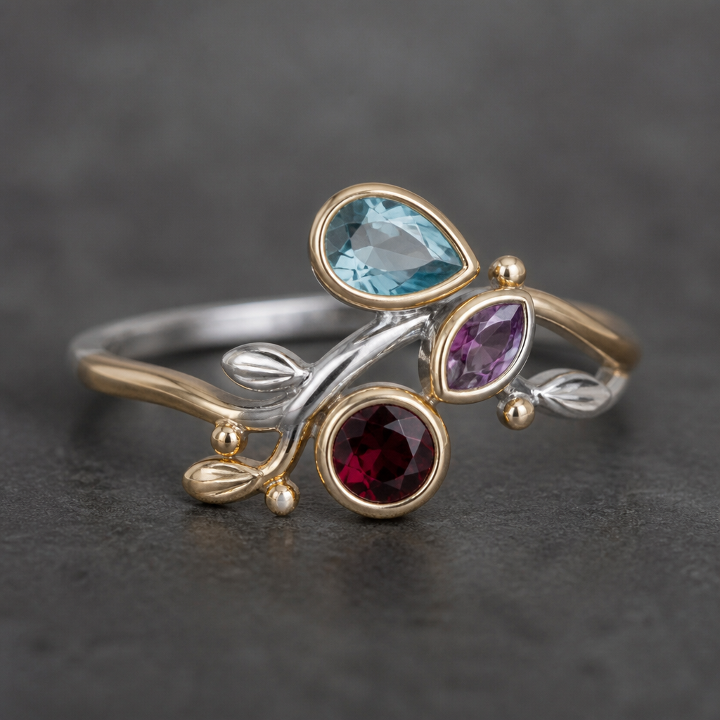 A minimalist women's ring made of mixed metal with topaz and garnet and amethyst stones suitable for festival. A modern women ring with little ornaments of modern motifs.
photorealistic jewelry design, A minimalist women's ring made of mixed metal with topaz and garnet and amethyst stones suitable for festival. A modern women ring with little ornaments of modern motifs., minimalist style, just the design no text