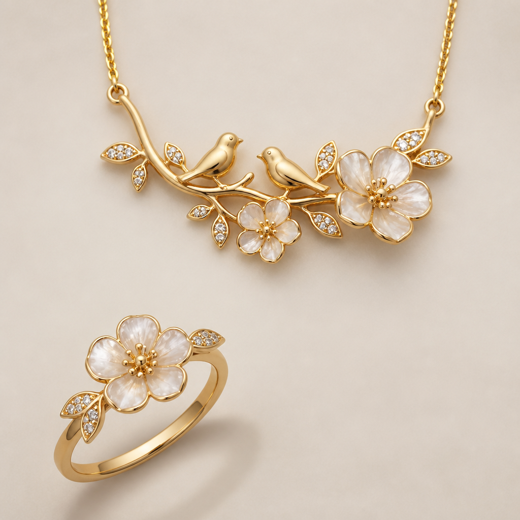 A women's ring. Flower necklace with birds
photorealistic jewelry design, A women's ring. Flower necklace with birds, modern style, just the design no text