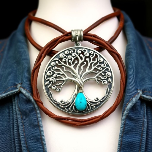 Creative stylish necklace on thick leather cord with big silver pendant and gemstone charm 