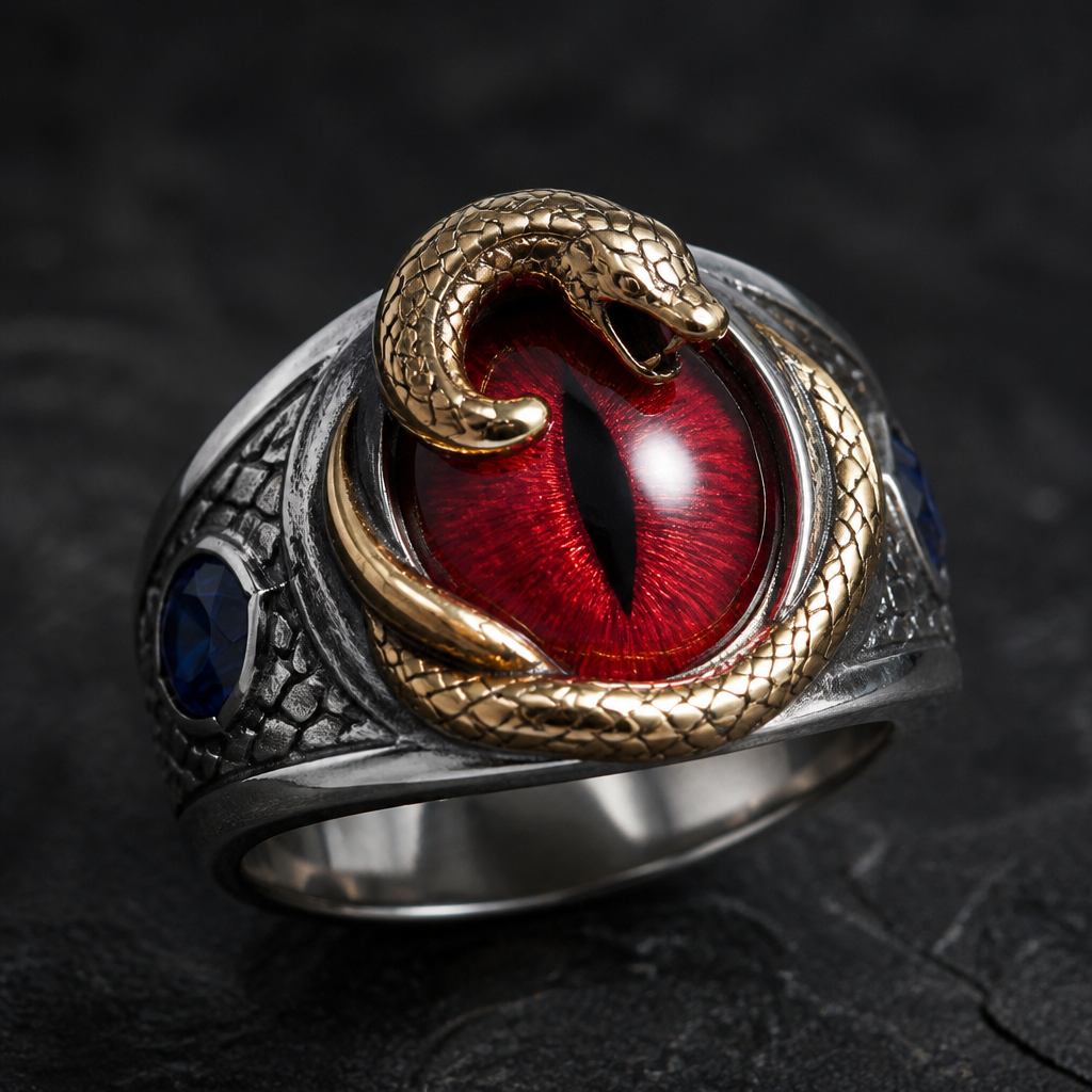 A charm men's ring with sapphire stones suitable for daily wear. A amarindian red eye zilver ring with a golden snake
photorealistic jewelry design, A charm men's ring with sapphire stones suitable for daily wear. A amarindian red eye zilver ring with a golden snake, charm style, just the design no text