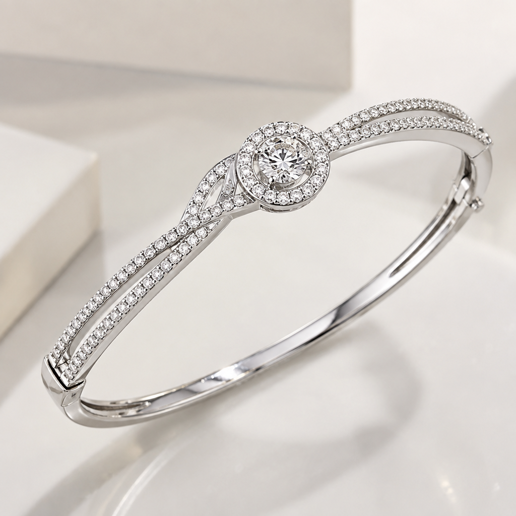 A bangle women's pendant made of white gold with diamond stones suitable for formal
photorealistic jewelry design, A bangle women's pendant made of white gold with diamond stones suitable for formal, bangle style, just the design no text