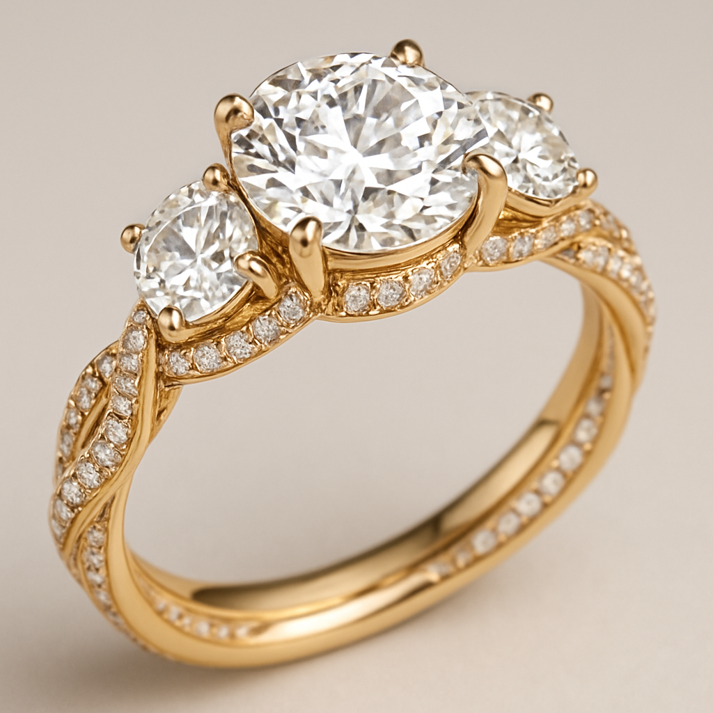 3 stone 4.5 carat wedding ring with twisted pave band and hidden halo