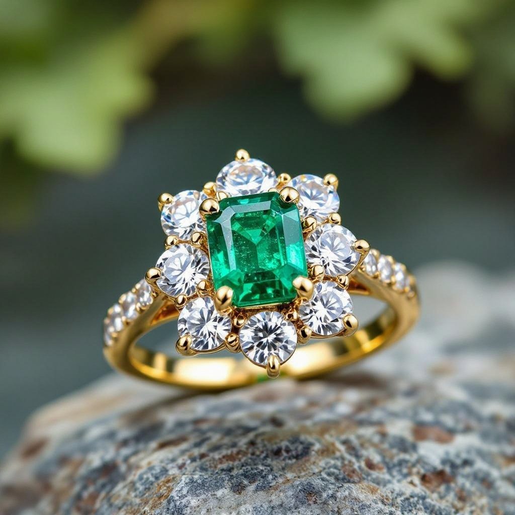 Anillo con Central de esmeralda va redonda con 6 diamantes al rededor en oro amarillo 