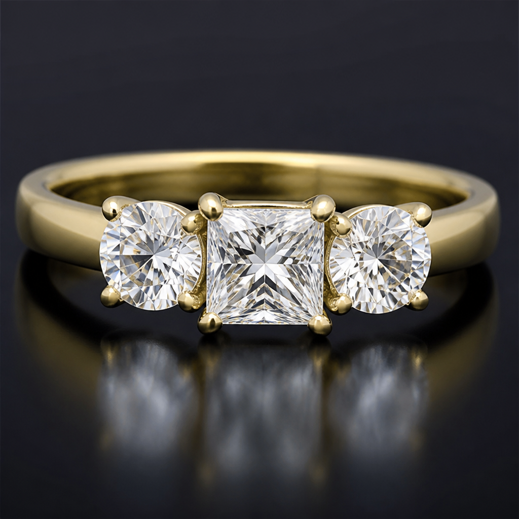 Two round and one princess cut diamonds in a ring
photorealistic jewelry design, Two round and one princess cut diamonds in a ring, luxury style, just the design no text