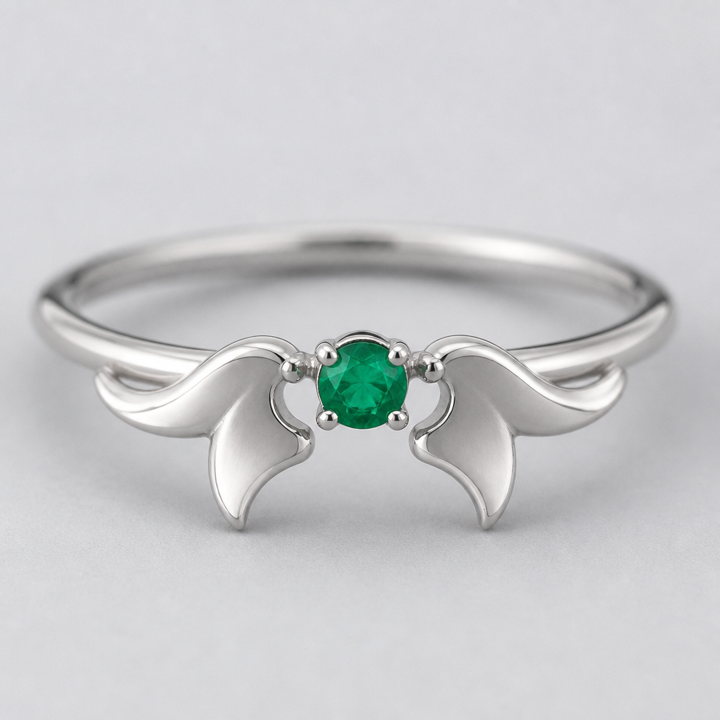 A women's ring. Erstelle einen Verlobungsring aus silbernem Edelmetal. Die Ringschiene soll dünn und filigran sein. Oben zentral auf der Ringschiene soll ein gefasster kleiner grüner Smaragd aufgesetzt sein.
Als Ornament soll auf dem Ring ein Blatt aus silbernen Edelmetal angebracht sein. Dieses Blatt soll drei abgerundete Spitzen haben, eine zentral und zwei Spitzen nach links und rechts. Die zentrale Spitze soll in etwa die doppelte Länge der beiden seitlichen Spitzen haben. Die zentrale Spitze sollte flach zulaufen und im Verlauf einen Schwung nach rechts machen, wobei die Spitze trotz allem annähernd Mittig endet. Die beiden seitlichen Spitzen sollten sich leicht nach oben wölben. An der Flachen Seite des Blattes soll sich zentral eine abgerundete Einkerbung befinden, die von zwei kleinen abgerundeten Erhöhungen eingesäumt ist.
Das Blatt sollte mit der zentralen Spitze auf der Ringschiene sein, wobei das Flache Ende in Richtung des Smaragd zeigt und die Einkerbung mit einem kleinen Abstand den Smaragd zur Hälfte umschließt. Dann soll das gleiche Blatt auf der anderen Seite des Steines gespiegelt angebracht sein, sodass dort der Stein ebenfalls von der Einkerbung zur Hälfte mit geringem Abstand eingeschlossen wird.
photorealistic jewelry design, A women's ring. Erstelle einen Verlobungsring aus silbernem Edelmetal. Die Ringschiene soll dünn und filigran sein. Oben zentral auf der Ringschiene soll ein gefasster kleiner grüner Smaragd aufgesetzt sein.
Als Ornament soll auf dem Ring ein Blatt aus silbernen Edelmetal angebracht sein. Dieses Blatt soll drei abgerundete Spitzen haben, eine zentral und zwei Spitzen nach links und rechts. Die zentrale Spitze soll in etwa die doppelte Länge der beiden seitlichen Spitzen haben. Die zentrale Spitze sollte flach zulaufen und im Verlauf einen Schwung nach rechts machen, wobei die Spitze trotz allem annähernd Mittig endet. Die beiden seitlichen Spitzen sollten sich leicht nach oben wölben. An der Flachen Seite des Blattes soll sich zentral eine abgerundete Einkerbung befinden, die von zwei kleinen abgerundeten Erhöhungen eingesäumt ist.
Das Blatt sollte mit der zentralen Spitze auf der Ringschiene sein, wobei das Flache Ende in Richtung des Smaragd zeigt und die Einkerbung mit einem kleinen Abstand den Smaragd zur Hälfte umschließt. Dann soll das gleiche Blatt auf der anderen Seite des Steines gespiegelt angebracht sein, sodass dort der Stein ebenfalls von der Einkerbung zur Hälfte mit geringem Abstand eingeschlossen wird., modern style, just the design no text
