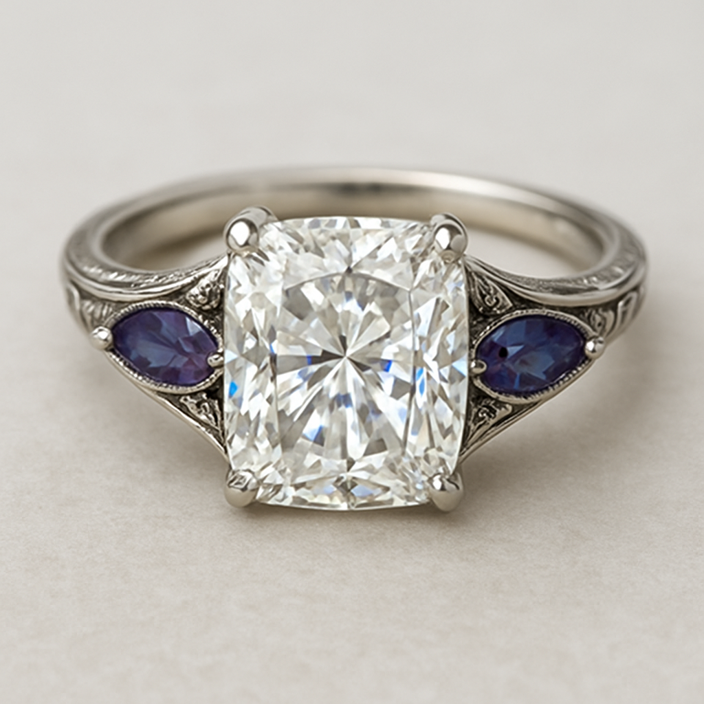  2 carat elongated cushion cut diamond with claw prongs and marquise alexandrite side stones set in a white gold flared shank 