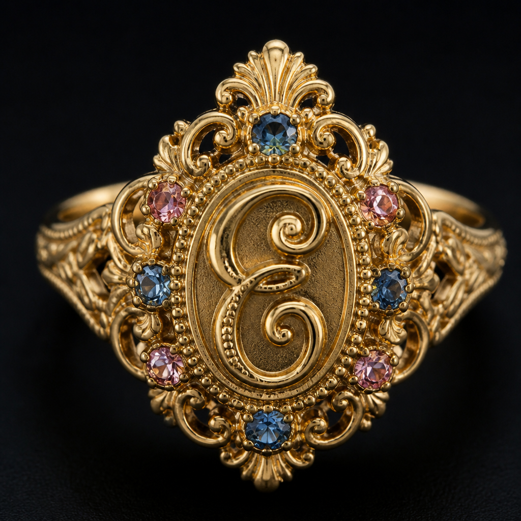 A vintage women's ring made of gold, highly ornate, intricate and elaborate, richly detailed. um anel de 15 anos com inicial E com pedrinhas azul e pedrinhas rosa em volta
photorealistic jewelry design, A vintage women's ring made of gold, highly ornate, intricate and elaborate, richly detailed. um anel de 15 anos com inicial E com pedrinhas azul e pedrinhas rosa em volta, vintage style, just the design no text