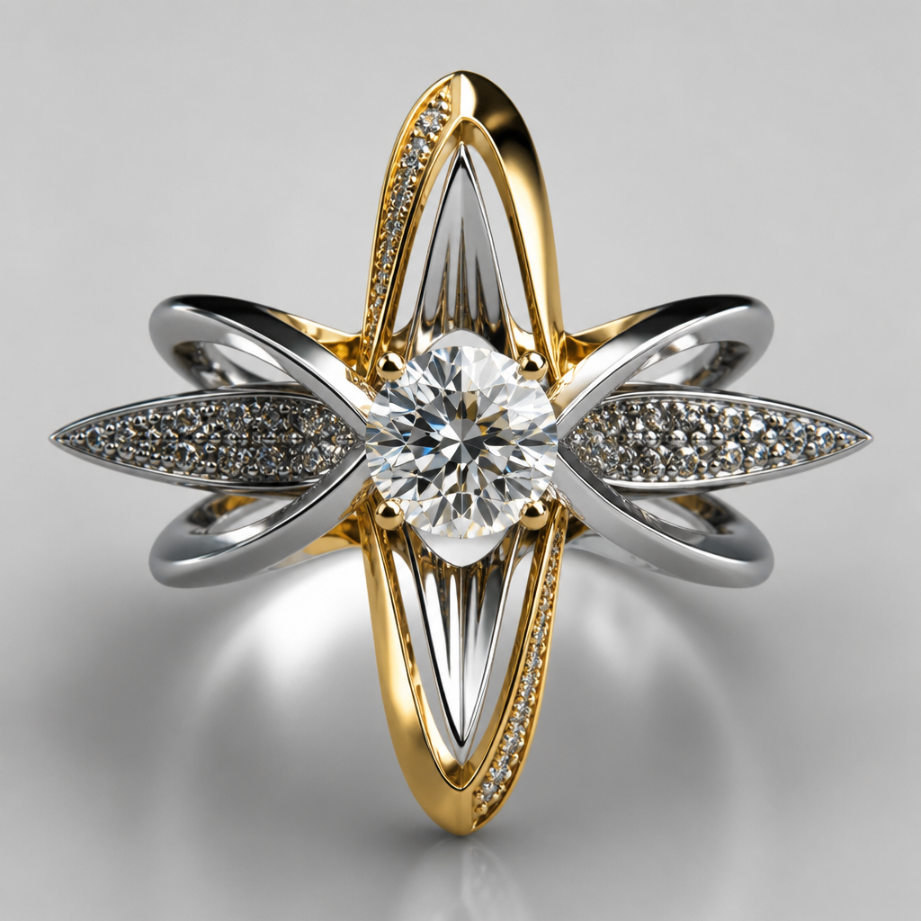 A avant-garde women's ring made of mixed metal with diamond stones suitable for festival. An extraordinary excellent beautiful delicate and elegant solitaire women ring. Face of the ring.
photorealistic jewelry design, A avant-garde women's ring made of mixed metal with diamond stones suitable for festival. An extraordinary excellent beautiful delicate and elegant solitaire women ring. Face of the ring., avant_garde style, just the design no text