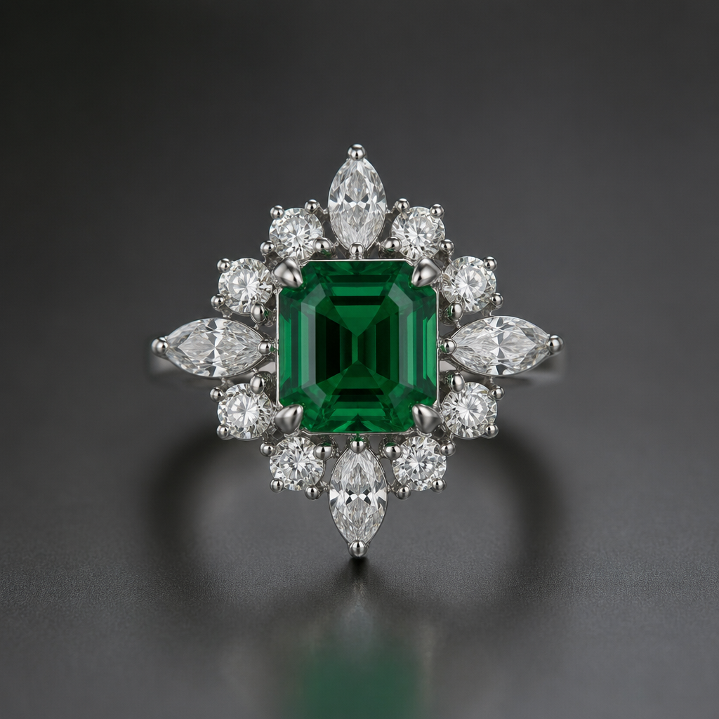 Emerald octagon with marquis and round shaped diamonds
photorealistic jewelry design, Emerald octagon with marquis and round shaped diamonds, modern style, just the design no text