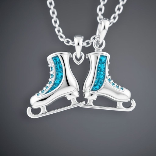 Silver pendant in the shape of ice skating blades with a turquoise stripe within the blade
