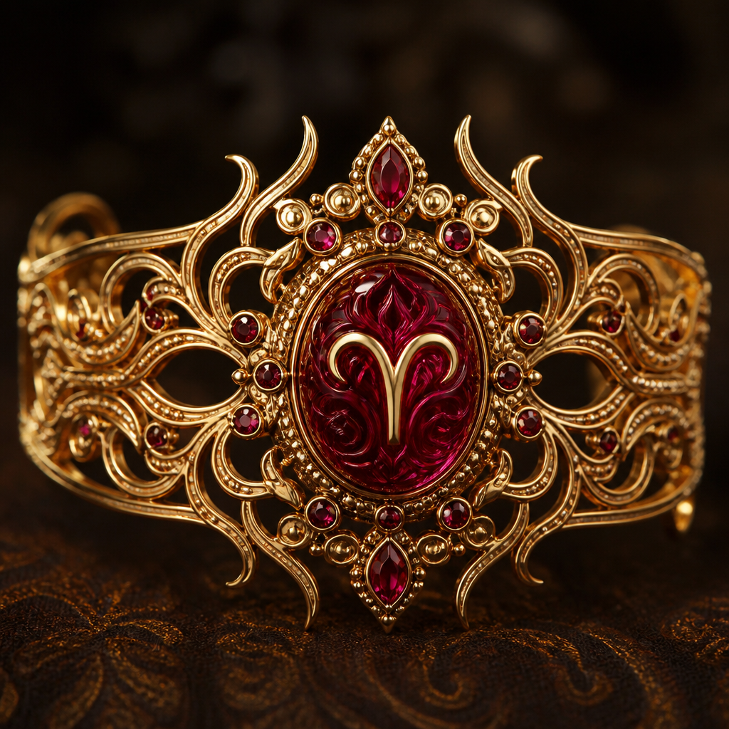 A bohemian women's bracelet made of gold with ruby stones suitable for festival, highly ornate, intricate and elaborate, richly detailed. um bracelete Dourado com detalhes lembrando chamas e no centro dele uma joia vermelha entalhada com símbolo do signo de áries. o bracelete pode ser usado nos braços (nos biceps).